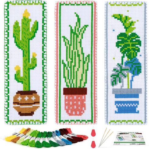 Caydo 3 PCS Cross Stitch Bookmark Kits, Stamped Embroidery Bookmark Kit for Kids Adults Beginner, DIY Counted Crossstitch Christmas Gift for Book ...