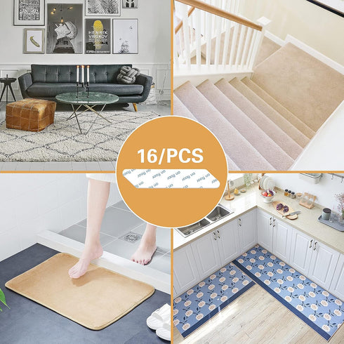 Rug Tape,16 Pcs Dual Sided Washable Removable Rug Stopper for Area Rug, Non Slip Adhesive Prevent Curl for Hardwood Floors and Carpet Corners...