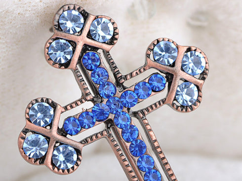 Alilang Copper Tone Sapphire Blue Colored Rhinestones Holy Cross Brooch Pin...