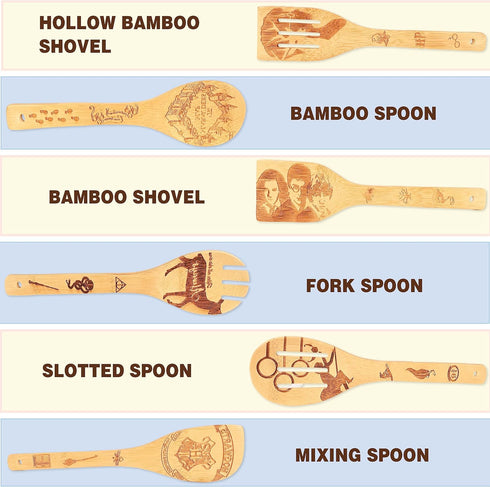 Wooden Spoons for Cooking Sets of 7 Pieces, Magical Bamboo Cooking Kitchen Utensils Kitchen Accessories Set Engraved Patterns Magic Cooking Spoons...