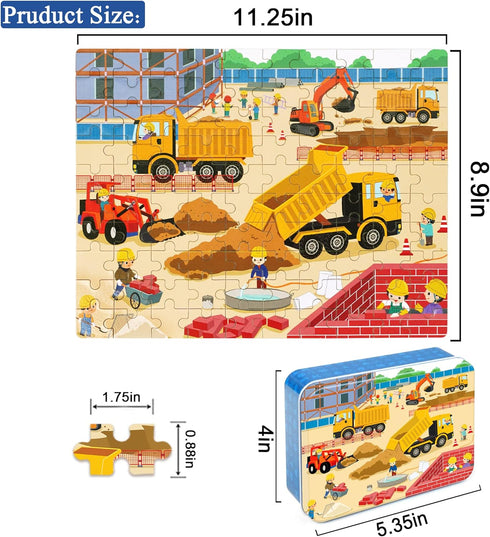 LELEMON 100 Pieces Jigsaw Puzzles in a Metal Box for Kids Age for 4-8 Boys Girls Toy Puzzles Construction Site Vehicles Children Learning Educatio...