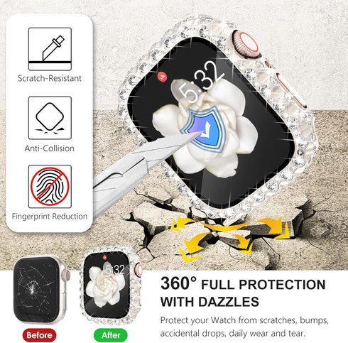 Wingle 2 in 1 Waterproof Case for Apple Watch 45mm Screen Protector Case Series 9 8 7, Bling Lace Edge Diamond Face Cover Full Glitter Rhinestone ...