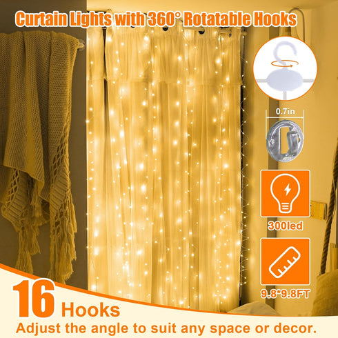 Warm White Curtain Light for Bedroom, 300 LED 9.8ft x 9.8ft Window Fairy Curtain String Light with 16 Hooks, 8 Models Remote Control for Wedding P...