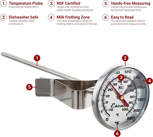 Escali AHB1 Instant Read Large 1.75-inches Dial Beverage Thermometer Liquid, Milk, Coffee, Tea, Stainless Steel Hands-Free Kitchen Thermometer NSF...