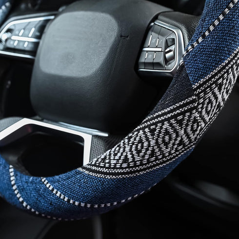 Valleycomfy Cloth Steering Wheel Covers for Women Bohemian Universal 15 inch Baja Blanket Enthic Blue...