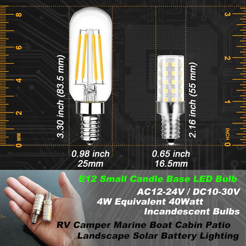 12V 40W E12 LED Candelabra Light Bulbs 4W Daylight White 6000K 450Lm Low Voltage AC12-24V/DC10-30V for RV Camper Marine Boat Landscape Lighting Ic...