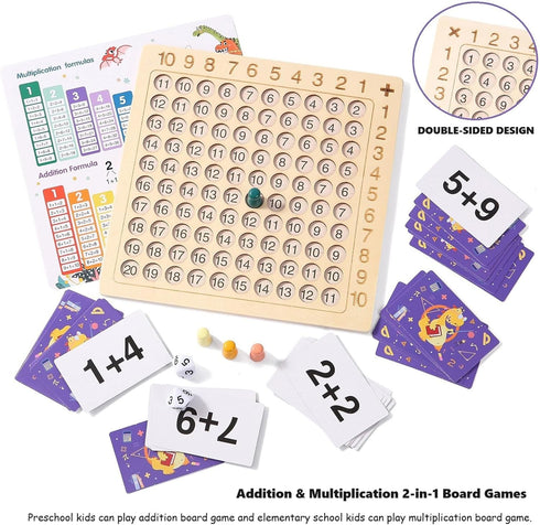 2 in 1 Multiplication Addition Math Board Game for Kids - Wooden Montessori Math Toys for Girls Boys 4 5 6 7 8 9 Years Old Wood Double Sided Board...