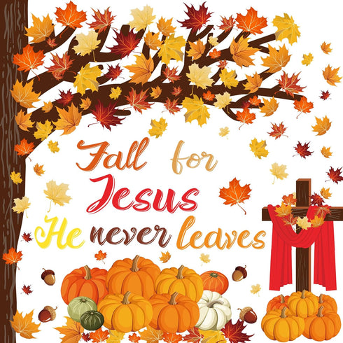 124 Pcs Fall Tree Classroom Bulletin Decor Fall for Jesus He Never Leaves Bulletin Board Set Autumn Maple Leaves Pumpkin Harvest Cutout for Thanks...