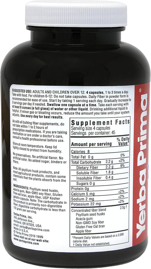 Yerba Prima Daily Fiber Caps - 180 Capsules, (Pack of 2) - Soluble & Insoluble Fiber Supplement - Colon Cleanse - Vegan, Non-GMO, Gluten-Free...