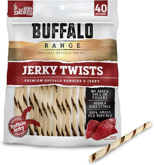 Rawhide Dog Treats | Healthy, Grass-Fed Buffalo Jerky Raw Hide Chews | Hickory Smoked Flavor | Jerky Twist, 40 Count(Pack of 1)...