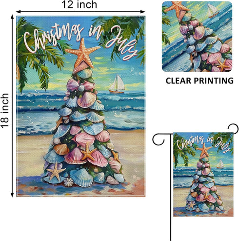 Decorative Garden Flag, Christmas Tropical Xmas Tree Beach Coastal Starfish Shell Yard Outside Decorations, Hawaii Nautical July Summer Holiday Ou...