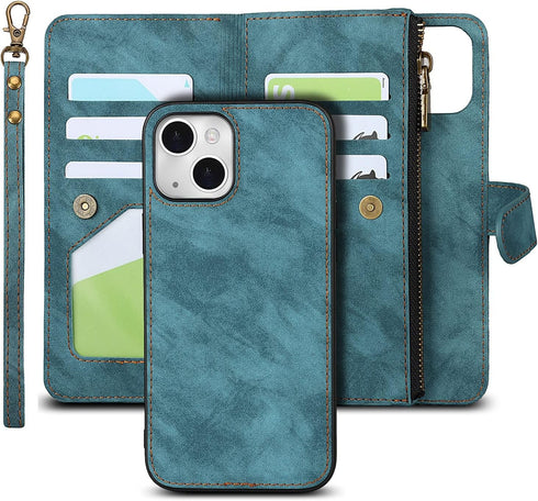 iCoverCase iPhone 13 Wallet Case with Card Holder, 2 in 1 PU Leather Magnetic Clasp Zipper Pocket Shockproof Detachable Flip Wrist Strap for (Blue...