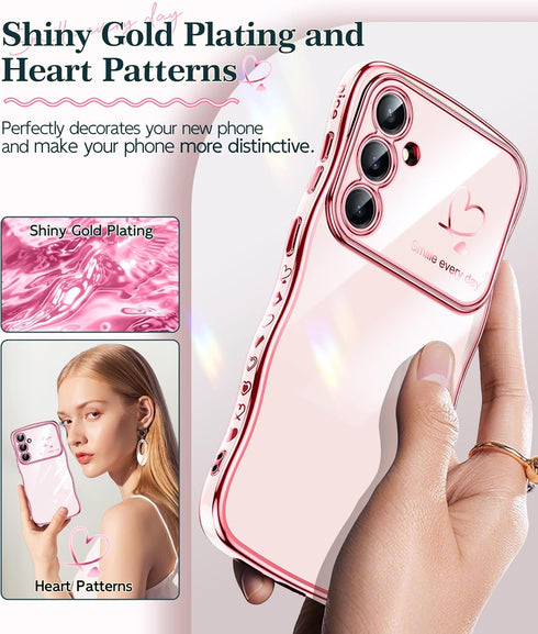 LeYi for Galaxy-S23-FE-Case: with Screen Protector and Full Camera Protection, Love Heart Pattern Luxury Plated Gold Edge Slim Soft TPU Protective...