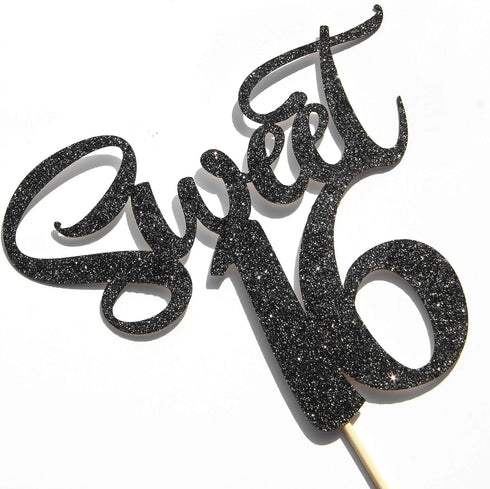 Black Glitter Sweet 16 Cake Topper - Happy 16th Birthday Cake Topper Decor - Cheers to 16 Years - 16th Wedding Anniversary Party Supplies...