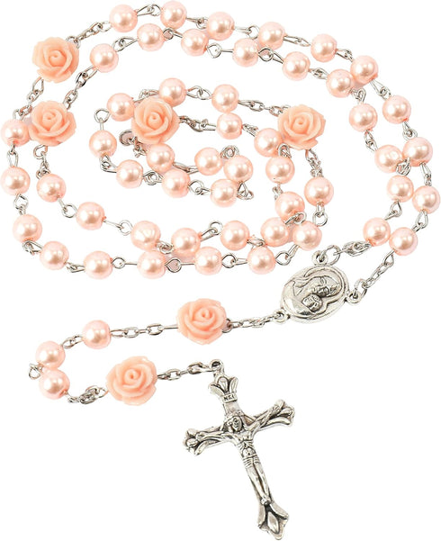 Nazareth Store Catholic Pink Pearl Beads Rosary Necklace Maddona Holy Soil Medal & Cross Crucifix...