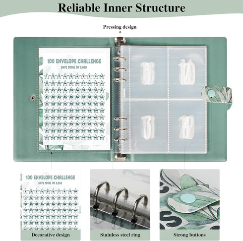 100 Envelope Savings Challenge Binder, Leather Budget Binder for Planning and Saving $5050, Daily Savings Planner, Easy and Fun Way to Save $5,050...