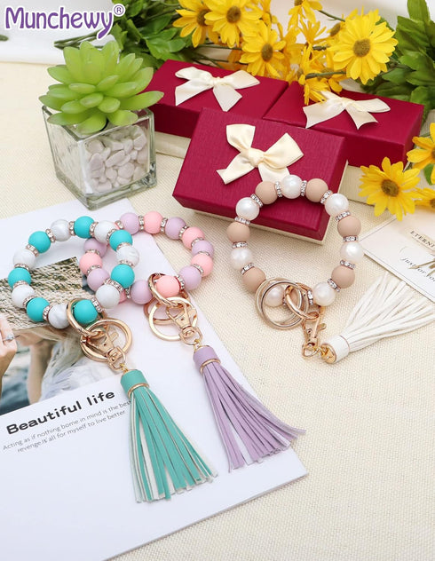 Silicone Key Ring Bracelet for Women, Elastic Beaded Wristlet Keychain Key Holder with Zircon & Tassel for Mother's Day Gift...