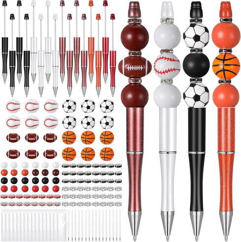 16 Set Sports Bead Pens Bulk DIY Beadable Pens Making Kit Plastic Assorted ball Beads Crystal Spacer Wood Ballpoint Pen with Black Refills Pen Bag...
