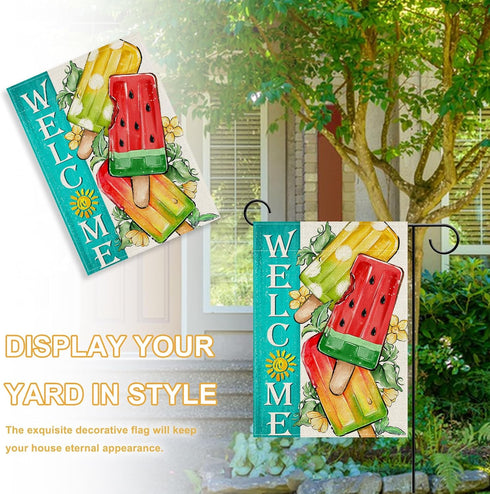 Welcome Summer Watermelon Popsicles Decorative Garden Flag, Sun Yellow Flower Yard Outside Decorations, Seasonal Burlap Outdoor Small Home Decor D...