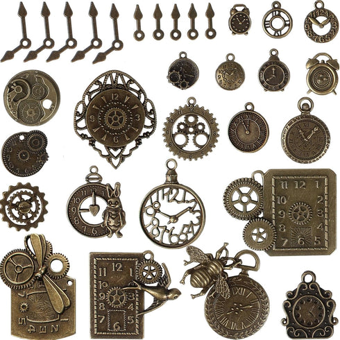 BIHRTC 40pcs Antique Bronze Mix Skeleton Steampunk Clock Face Watch Gear Cog Wheel Pendant Charms Jewelry Making DIY Steampunk Gear Pendant Charms...