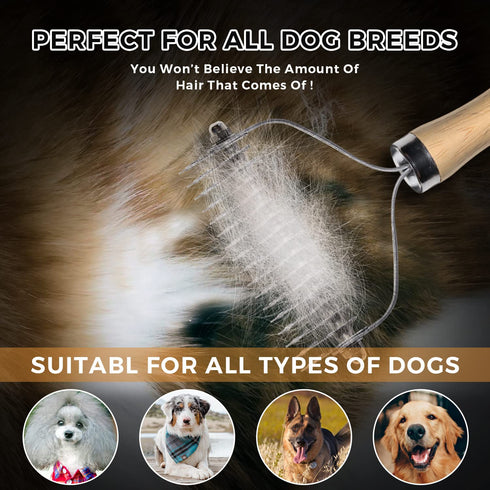 Undercoat Rake for Dogs - PAWSHOLIC Professional Pet Shedding Dematting Comb with Wood Handle, Deshedding Undercoat Brushes with Stainless Steel B...