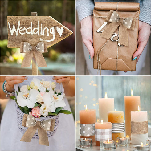 Whaline Farmhouse Wired Edge Ribbon 4 Rolls White Polka Dots Buffalo Plaid Stripe Ribbons Rustic Farmhouse Craft Ribbons for Spring Summer Wedding...