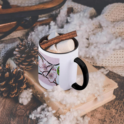 3dRose Cherry Blossom Flower Monogram Initial J Two Tone Mug, 11 oz, Black/White...
