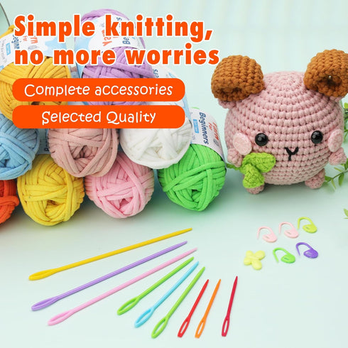 Easy Yarn for Beginners, 4x50g Chunky Thick Yarn with Easy-to-See Stitches, Cotton Yarn for Beginners with Crocheting Accessories for DIY Crocheti...