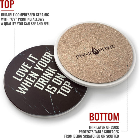 Clever & Funny Coasters for Drinks Absorbent with Box Holder - 6 Piece Ceramic Black Marble Coaster Set - Man Cave Decor...
