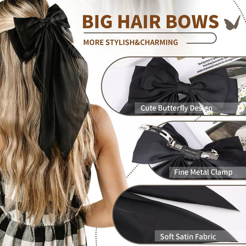 2 Pcs Silky Satin Big Hair Bows Ribbon Hair Barrettes Clip, Large Bow Hair Slides Metal Clips French Barrette OverSized Long Tail Hair Accessories...