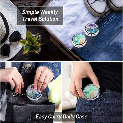 Hennaja Round Pill Box,Pill Cases,Decorative Pocket Purse Portable Travel Pill Case & Medicine Organizer(2 Pack,2-Crystal Splash Ink)...