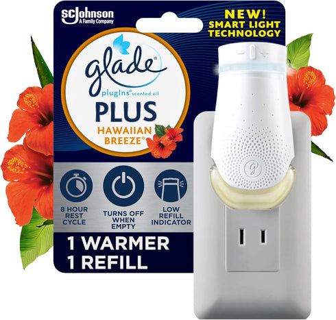Glade PlugIn Plus Air Freshener Starter Kit, Scented Oil for Home and Bathroom, Hawaiian Breeze, 0.67 Fl Oz, 1 Warmer + 1 Refill...