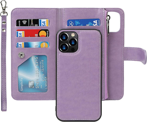 iCoverCase Compatible with iPhone 13 Pro Wallet Phone Case with Card Holder, PU Leather Zipper Pocket Magnetic Detachable Flip Case with Wrist Str...