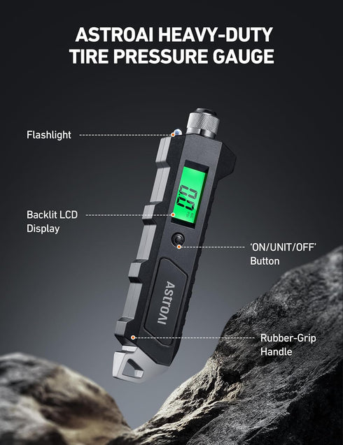 AstroAI Digital Tire Pressure Gauge, 230 PSI 4 Settings Heavy Duty for Car Bicycle with Larger Backlit LCD Flashlight and Non-Slip, Black...