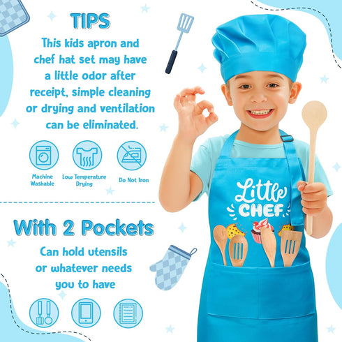 R HORSE 2 Pcs Kid Apron and Chef Hat Set, Adjustable Children Blue Kitchen Apron Cooking Baking Painting and Training Kits Dress up Role Play Chef...