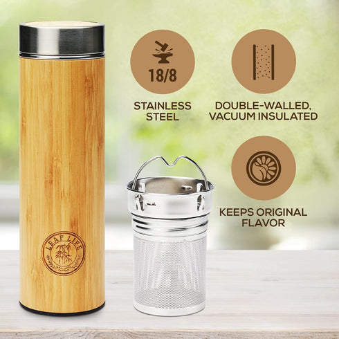 LeafLife Premium Bamboo Tea Bottle for Loose Tea - Tea Infuser Bottle - Tea Gifts - Insulated Water Bottle/Coffee Tumbler/Tea - Tea Gift Set, Tea ...