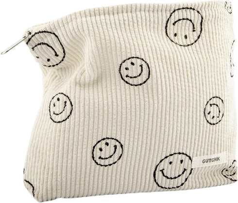 Makeup Bag For Women - Corduroy Cosmetic Bags Aesthetic Design Ladies Tote Bag,Women's Pencil Case,Cute Smiley Face Makeup Organizer with Zipper (...