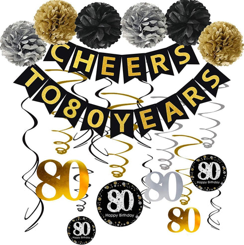 80th Birthday Party Decorations Kit - Gold Glittery Cheers to 80 Years Banner,Poms,12Pcs Sparkling 80 Hanging Swirl for 80th Anniversary Decoratio...