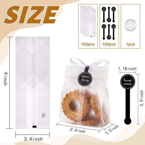 YunKo Cookie Bags for Gift Giving Clear Cellophane Treat Bags for Favors Mini Loaf, Bundt Cake, Hot Cocoa Bomb Packaging With Stickers(100PACK, Bl...