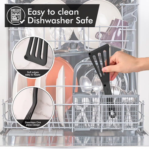 HOTEC Heat Resistant Silicone Slotted Fish Turner Spatula Set, Flipper Cooking Spatulas, for Non Stick Cookware Dishwasher Safe, Black...