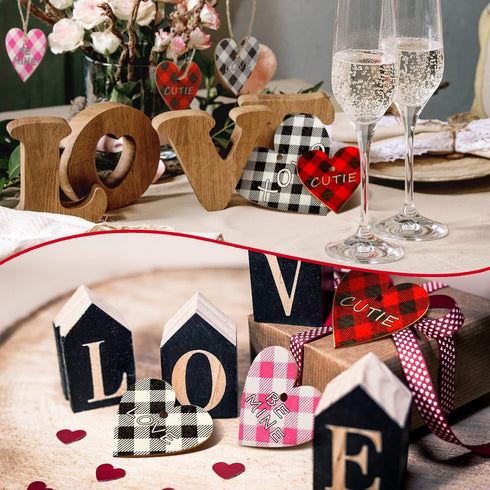 24 Pieces Valentine's Decorations for Tree Heart Shaped Wooden Ornaments Buffalo Check Plaid Wooden Embellishments Red Black Hanging Crafts Wood H...