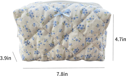 Cotton Quilted Makeup Bag Coquette Accessories Make up Bag Organizer Cute Floral Cosmetic Pouch Travel Makeup Bag for Women (Blue floral)...