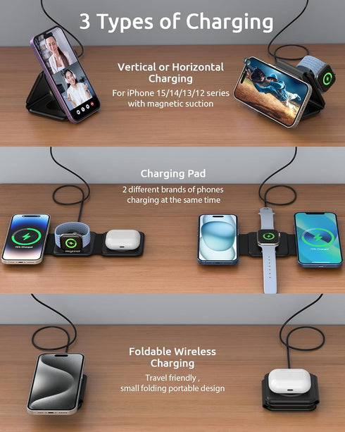 Foldable Wireless Charger, 3 in 1 Wireless Charging Station for iPhone 15/14/13/12/11 Pro Max/X/XS, Fast Magnetic Travel Wireless Charging Pad for...