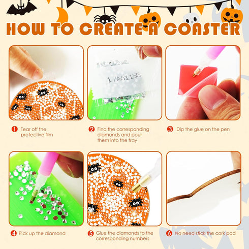 8 Pcs Halloween Diamond Art Coasters Kit with Holder Halloween Pumpkin Ghost Bat Diamond Art Coasters for Adults Diamond Art Kit Supplies for Hall...