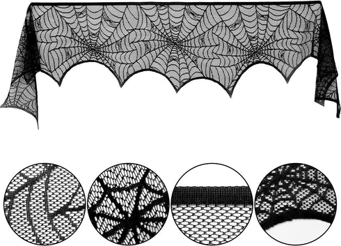 Blulu 2 Pieces Spiderweb Fireplace Mantle Scarf Lace Halloween Decoration Cover for Halloween Home Party Supply, Black, 18 by 96 inch...