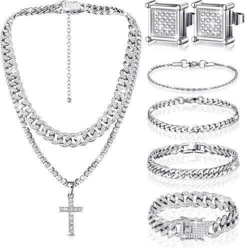 Yinkin 6 Pcs Tennis Necklaces Diamond Chain for Woman Men Link Chain Jewelry Set with Rhinestone Necklace Bracelet Earrings...