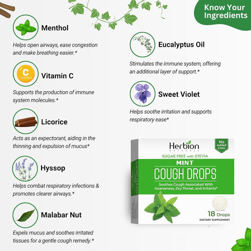 HERBION Naturals Cough Drops, Sugar Free with Stevia, Dietary Supplement, Soothes Cough, for Adults & Children Over 6 Years, 18 Count, Mint, Pack ...