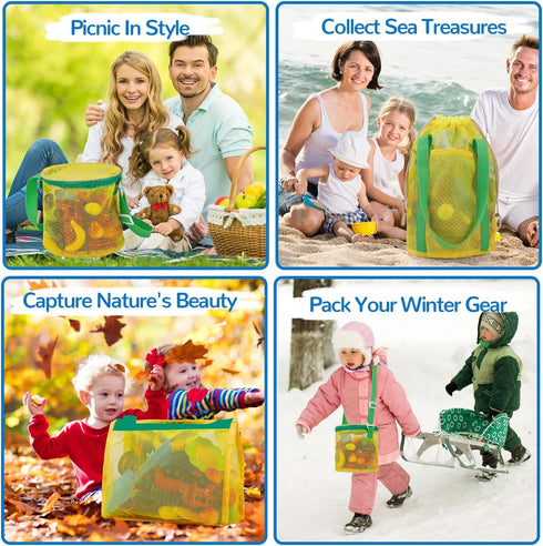 3 Pcs Mesh Beach Bag Set, Sand Beach Toy Bag, Seashell Collecting Bag Tote with Adjustable Carrying Strap & Zipper/Drawstring, Pool Toy & Sand Toy...