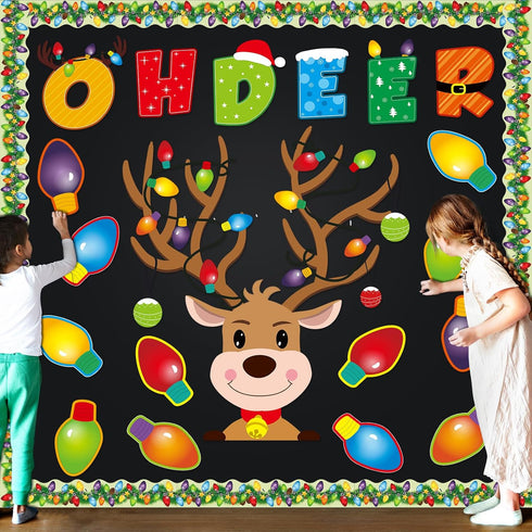 55 Pcs Christmas Bulletin Board Decoration Christmas Reindeer Bulb Classroom Bulletin Board Cutouts Sets for Xmas Party Supplies Toddler Kids Stud...