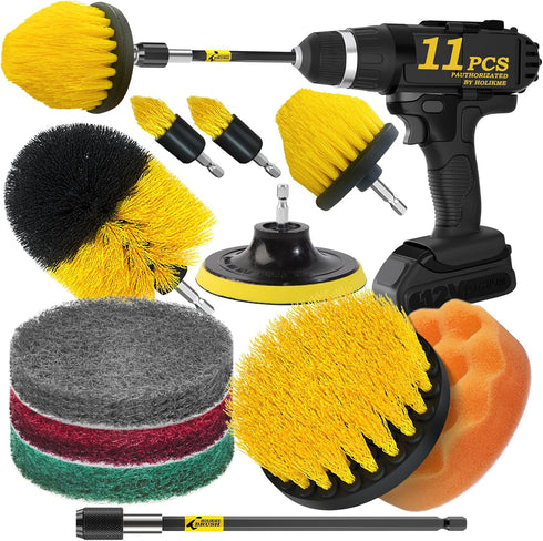 Holikme 11 Piece Drill Brush Attachment Set Scouring Pads Power Scrubber Brush Scrub Pads for Bathroom Surfaces, Floor, Tub, Shower, Grout, Tile, ...